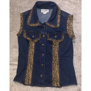 Vintage 80’s 90’s Green Field Denim Vest With Cheetah Trim Women’s Medium